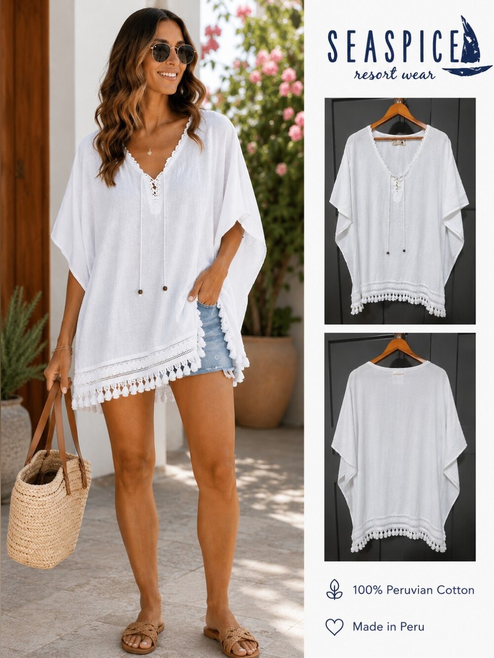 Seaspice White Peruvian Cotton Tassel Crochet Resort Cover Up Top L